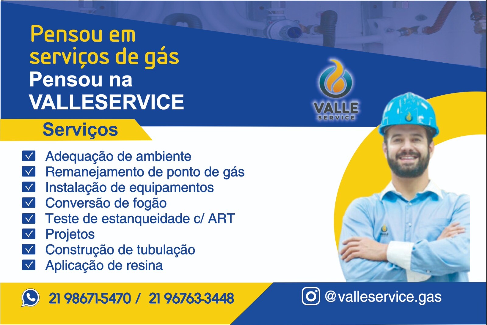 flyer azul e amarelo da Valleservice com lista de serviços